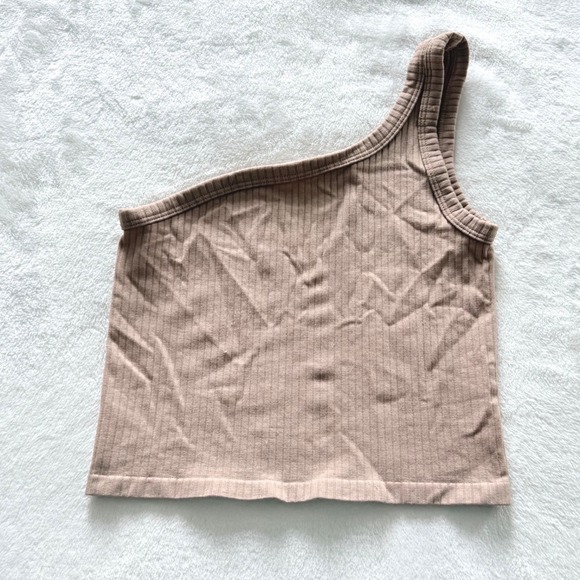 Dynamic Tops - Dynamic One Shoulder Ribbed Tank Top Taupe Tan Asymmetrical Crop Top One Size